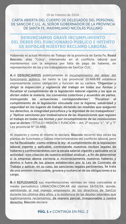 CARTA ABIERTA - DELEGADOS DE SANCOR C.U.L.  AL GOBERNADOR PULLARO_1