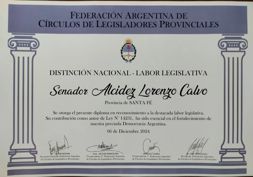 Reconocimiento Alcides Calvo, Labor Legislativo